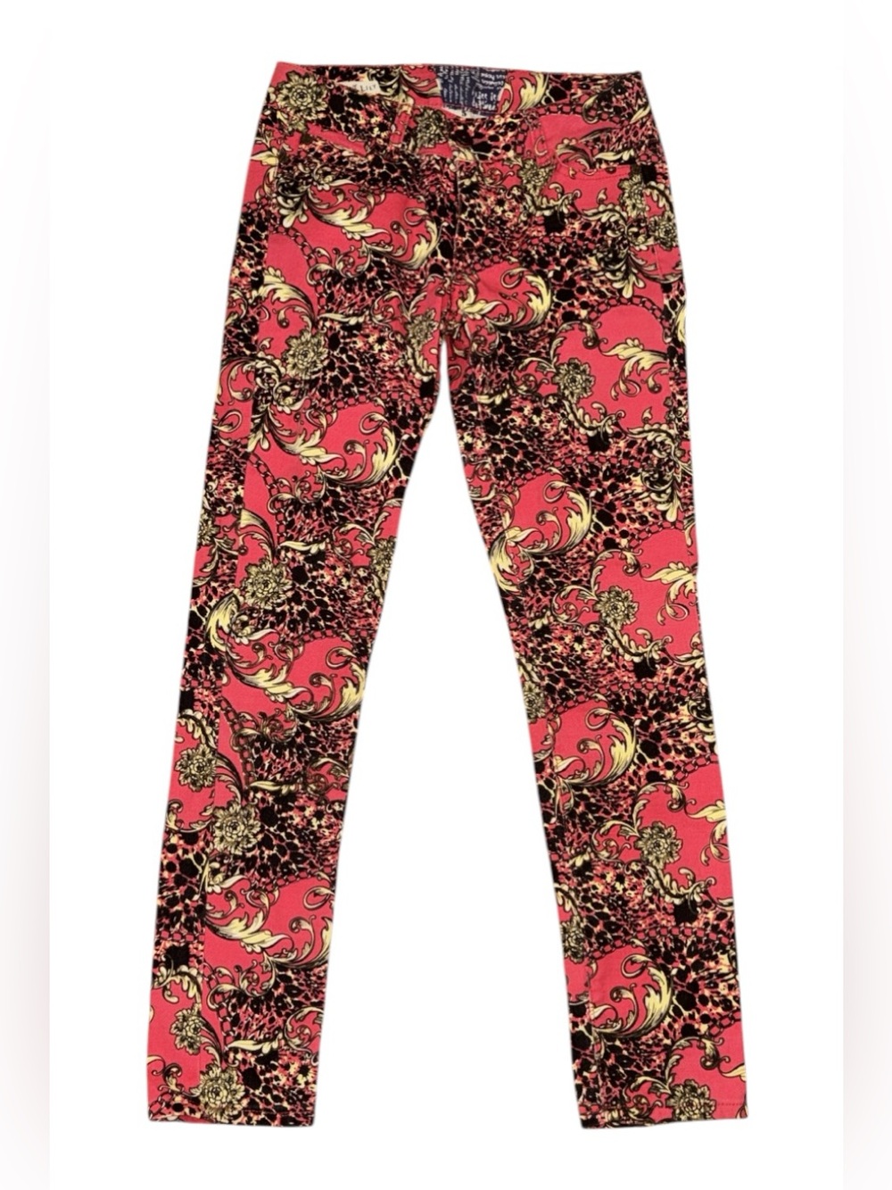 Coral Baroque Print Skinny Jeans
